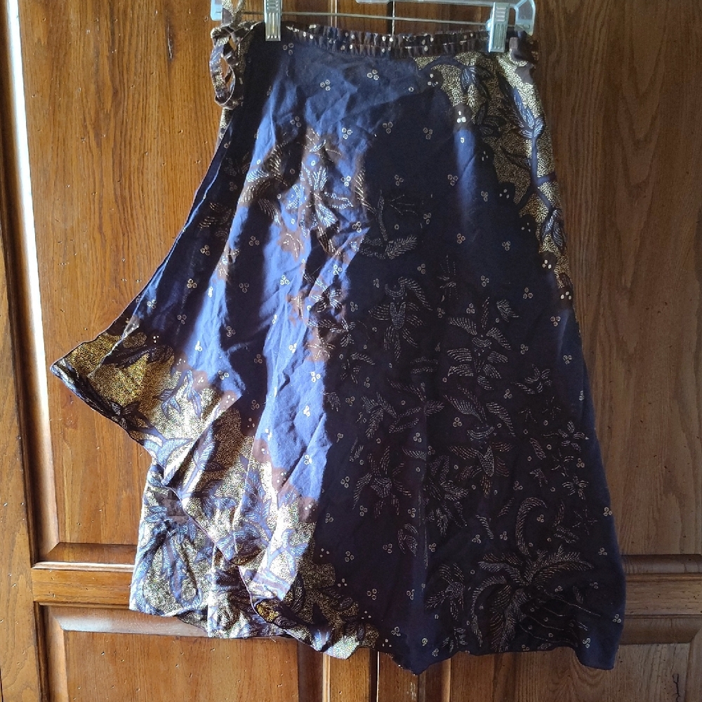 Navy Midi Skirt with Gold Botanical Motif